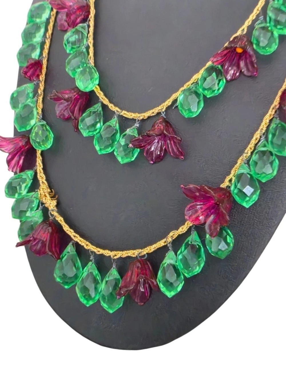 Vintage Czech Bohemian Art Glass Purple Flower Green Crystal Drop Necklace 38"